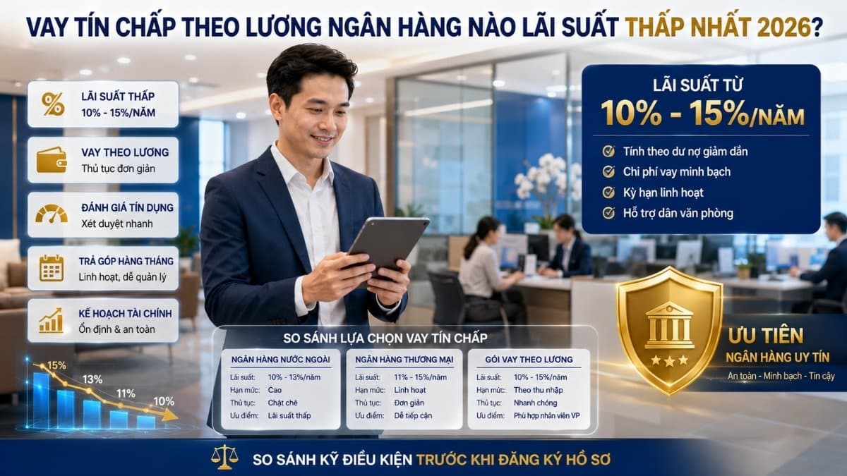 Top ngân hàng vay tín chấp theo lương lãi suất thấp nhất 2026 | Vay Ở Đâu