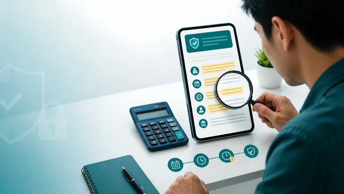 Người dùng dùng kính lúp kiểm tra điều khoản hợp đồng vay online