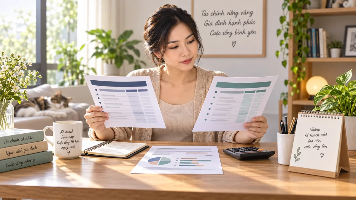 Người phụ nữ đối chiếu hai lịch thanh toán khoản vay với bảng ngân sách và máy tính trên bàn