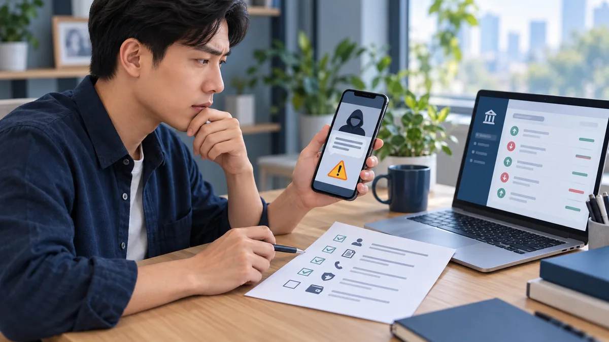 Người vay đối chiếu yêu cầu chuyển phí trên điện thoại với giao dịch ngân hàng và bảng kiểm trước giải ngân